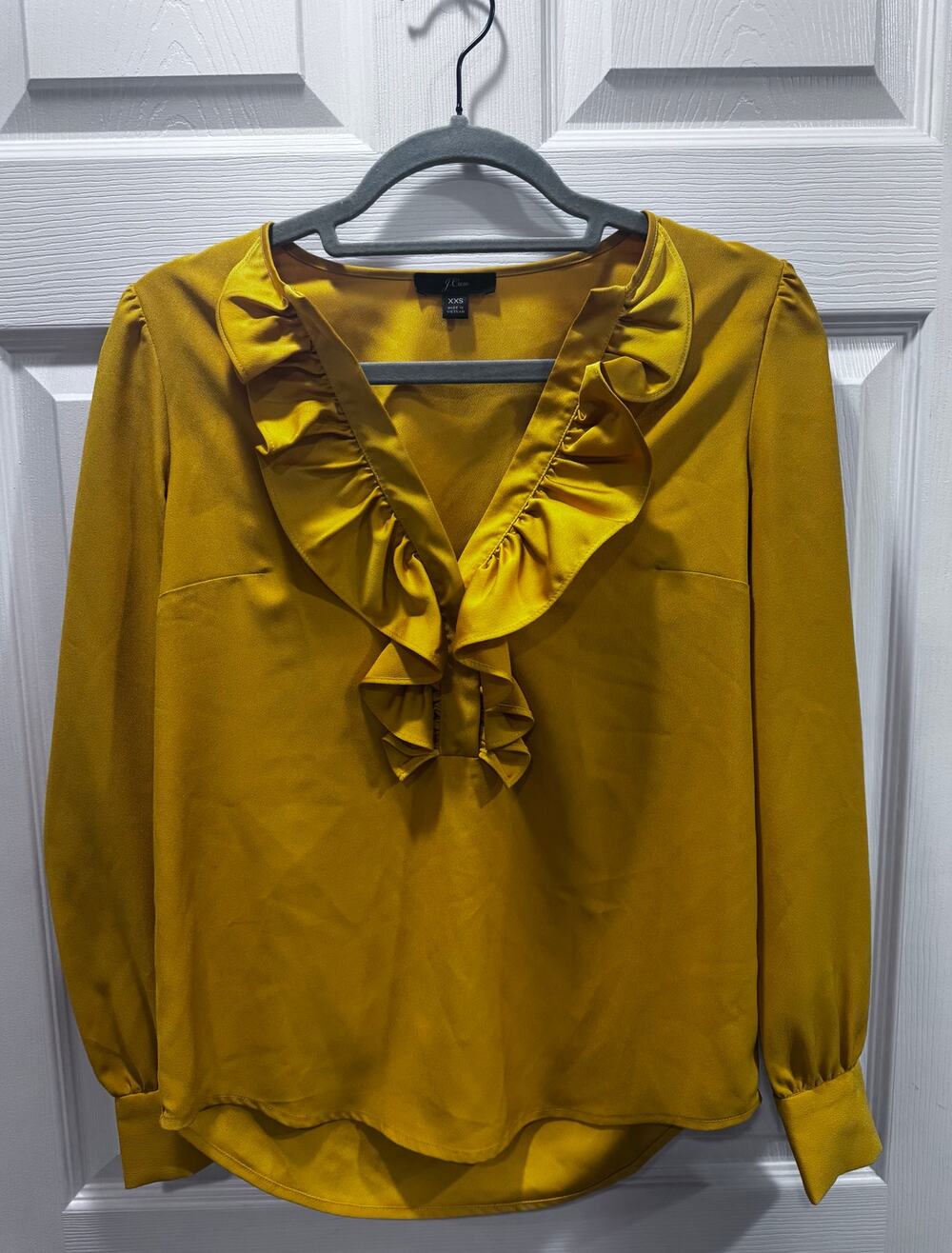 J Crew Golden Ruffle Neck Blouse XXS Long Sleeve